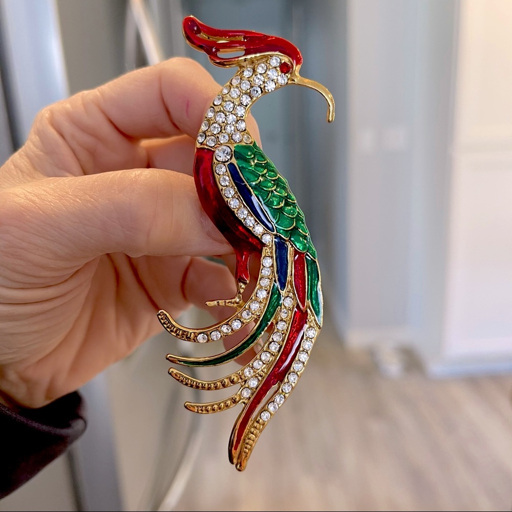 Peacock enamel crystal brooch